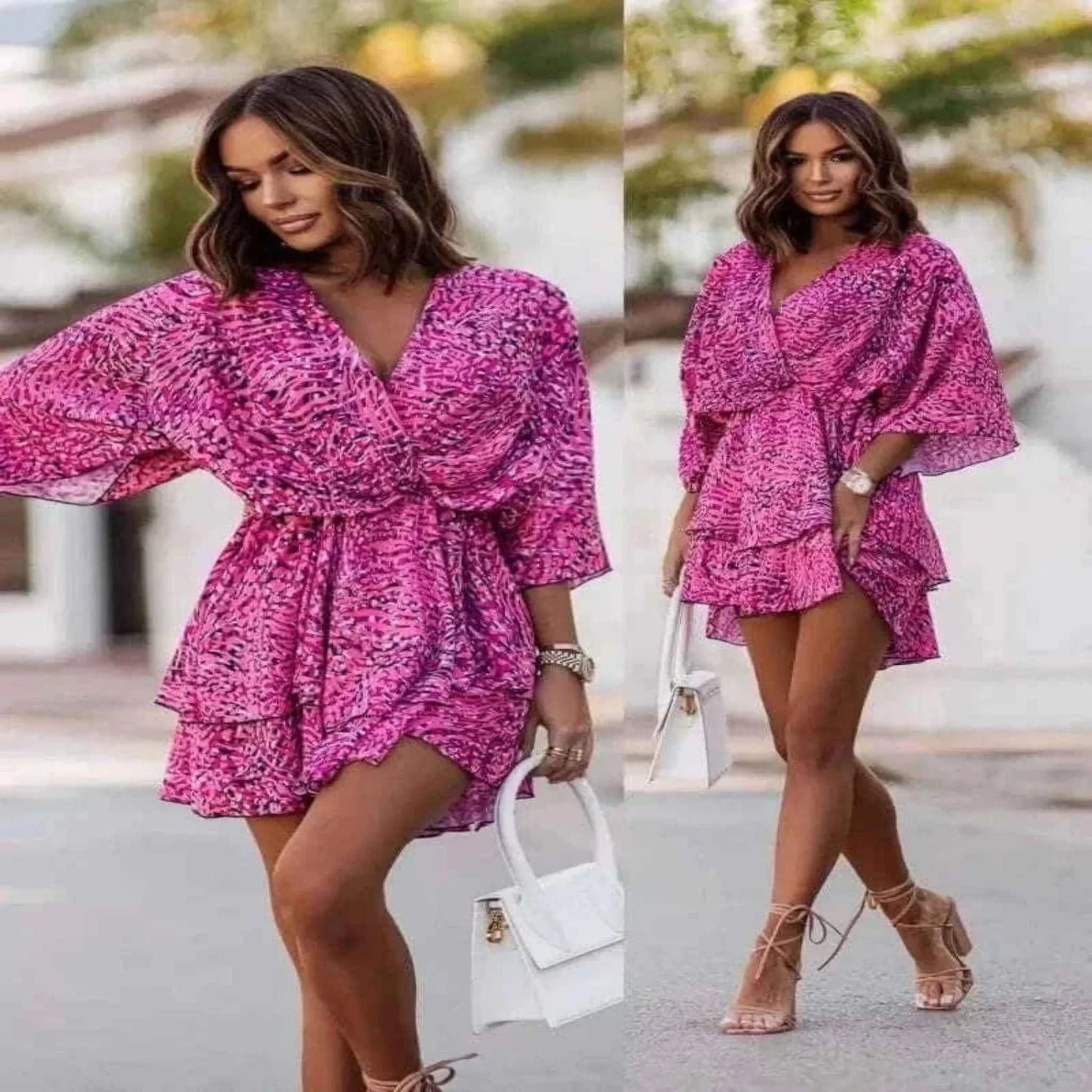 Informal Dresses - Elegant Summer Ruffl Mini Dress Office Dress for Women's Casual Bat Sleeve Flowers Print Bohemian Beach Vacation Sundress Women.