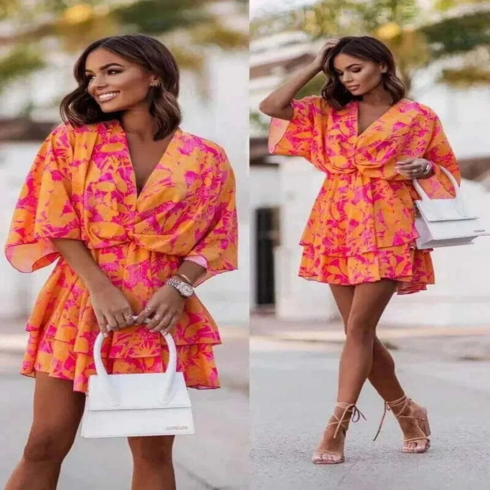 Informal Dresses - Elegant Summer Ruffl Mini Dress Office Dress for Women's Casual Bat Sleeve Flowers Print Bohemian Beach Vacation Sundress Women.