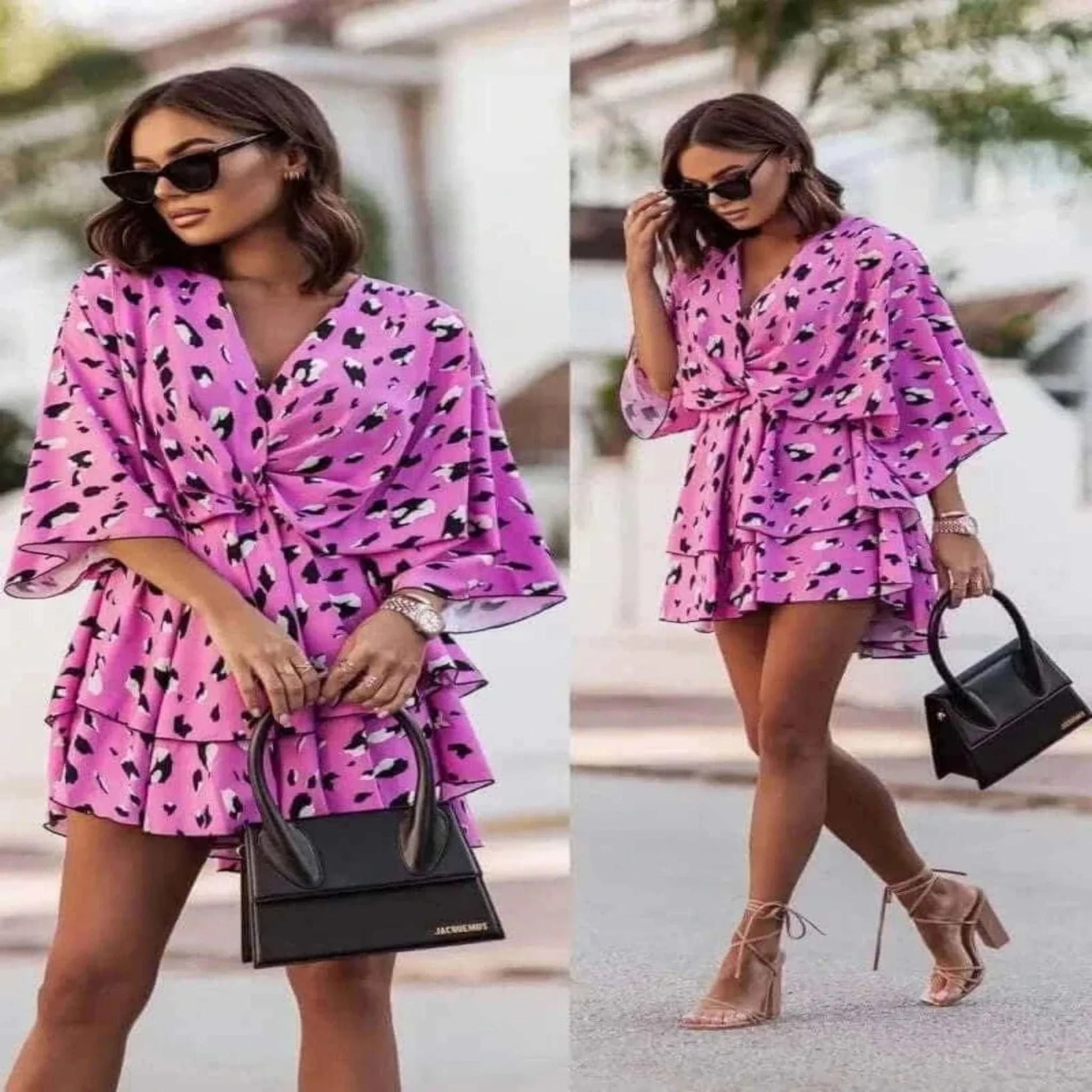 Informal Dresses - Elegant Summer Ruffl Mini Dress Office Dress for Women's Casual Bat Sleeve Flowers Print Bohemian Beach Vacation Sundress Women.