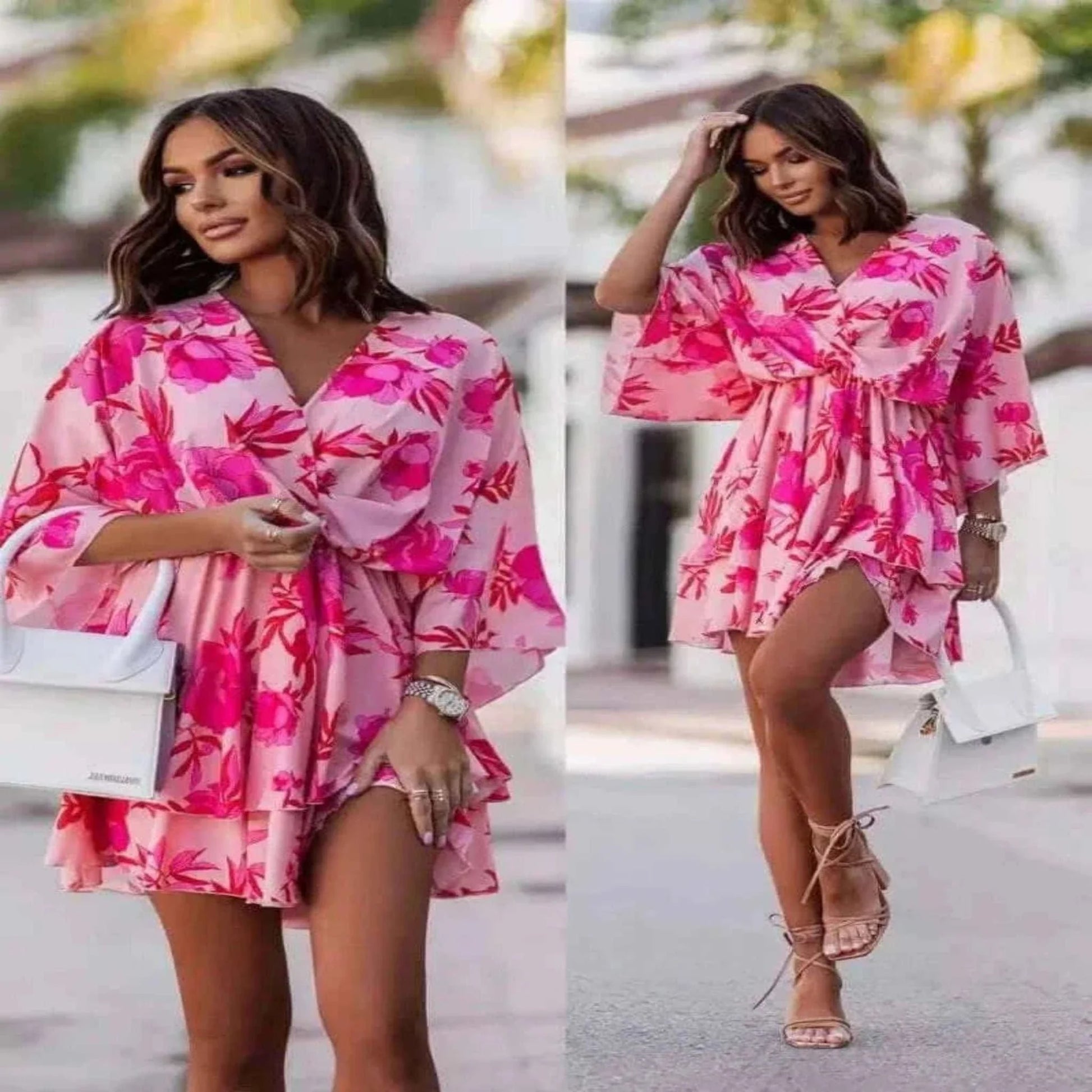 Informal Dresses - Elegant Summer Ruffl Mini Dress Office Dress for Women's Casual Bat Sleeve Flowers Print Bohemian Beach Vacation Sundress Women.