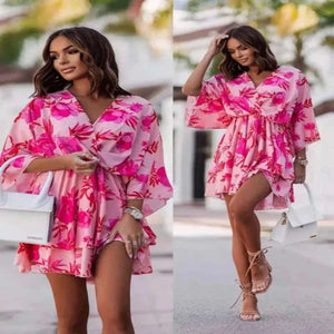 Informal Dresses - Elegant Summer Ruffl Mini Dress Office Dress for Women's Casual Bat Sleeve Flowers Print Bohemian Beach Vacation Sundress Women.