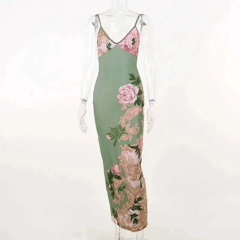 Dresses Online - Floral Print Summer Green Dress Womens Fashion Casual Sleeveless V-neck Backless Tunics Bodycon Holiday Beach Dresses Streetwear.