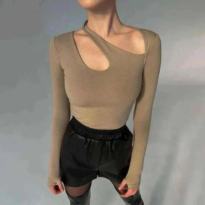Going Out Tops- Y2k Casual Basic Bodysuit Women Long Sleeve Sexy Hollowing Irregularity Body Korean Top Cotton Bodycon Jumpsuit Romper Ladies.