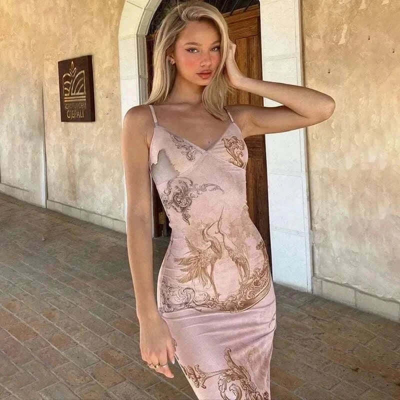 Dresses Online - Floral Print Summer Green Dress Womens Fashion Casual Sleeveless V-neck Backless Tunics Bodycon Holiday Beach Dresses Streetwear.