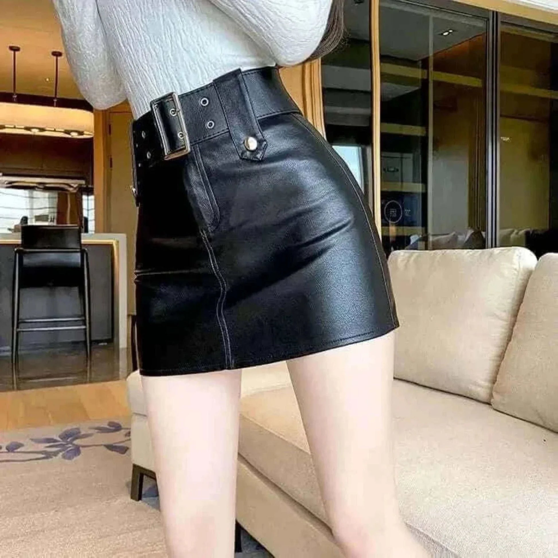 ladies mini skirts skirt -women  2022  korean fashion clothing  Solid  Button  Above Knee, Mini  vintage leather  black skirt  Regulai Fit.