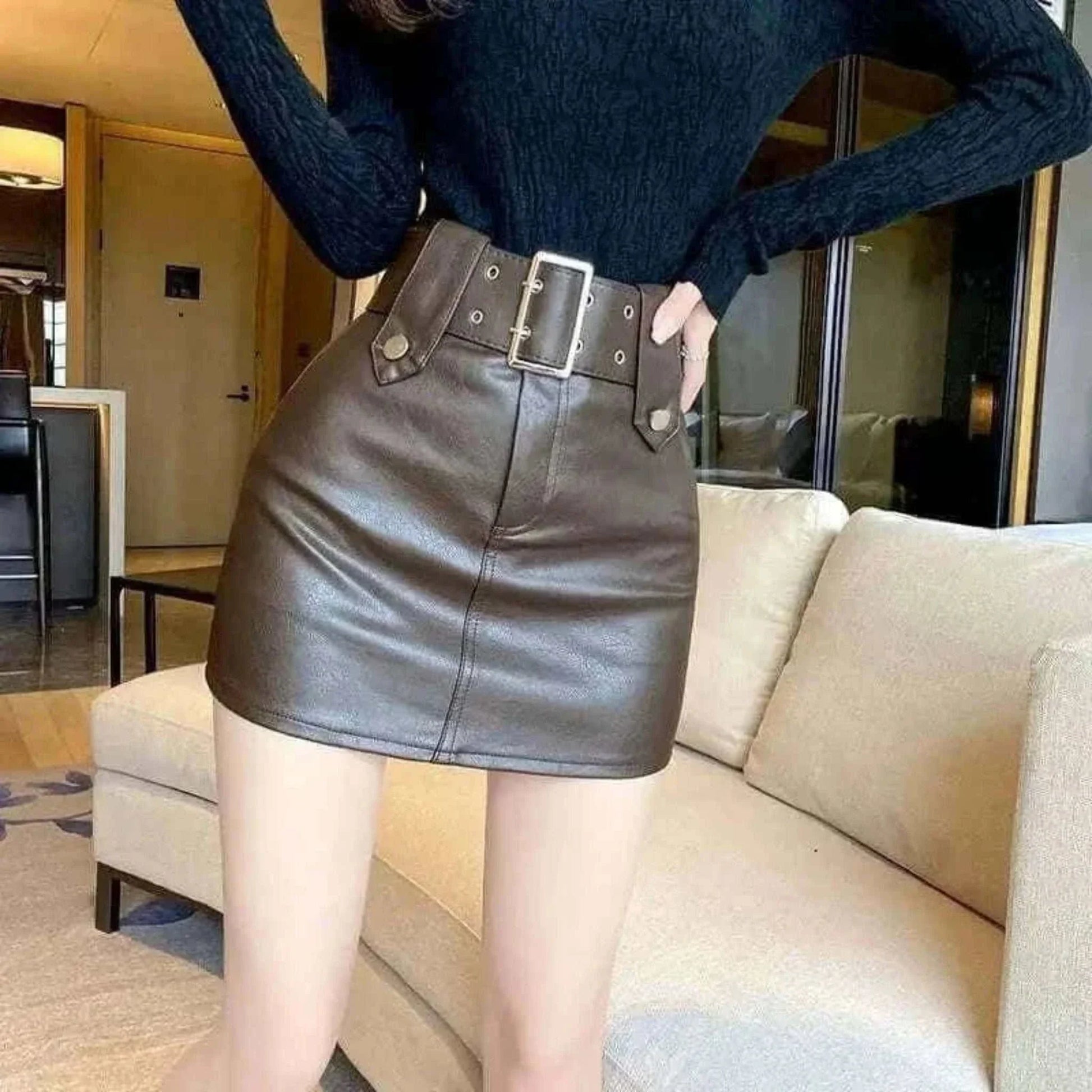 ladies mini skirts- skirt women  2022  korean fashion clothing  Solid  Button  Above Knee, Mini  vintage leather  black skirt  Regulai Fit.