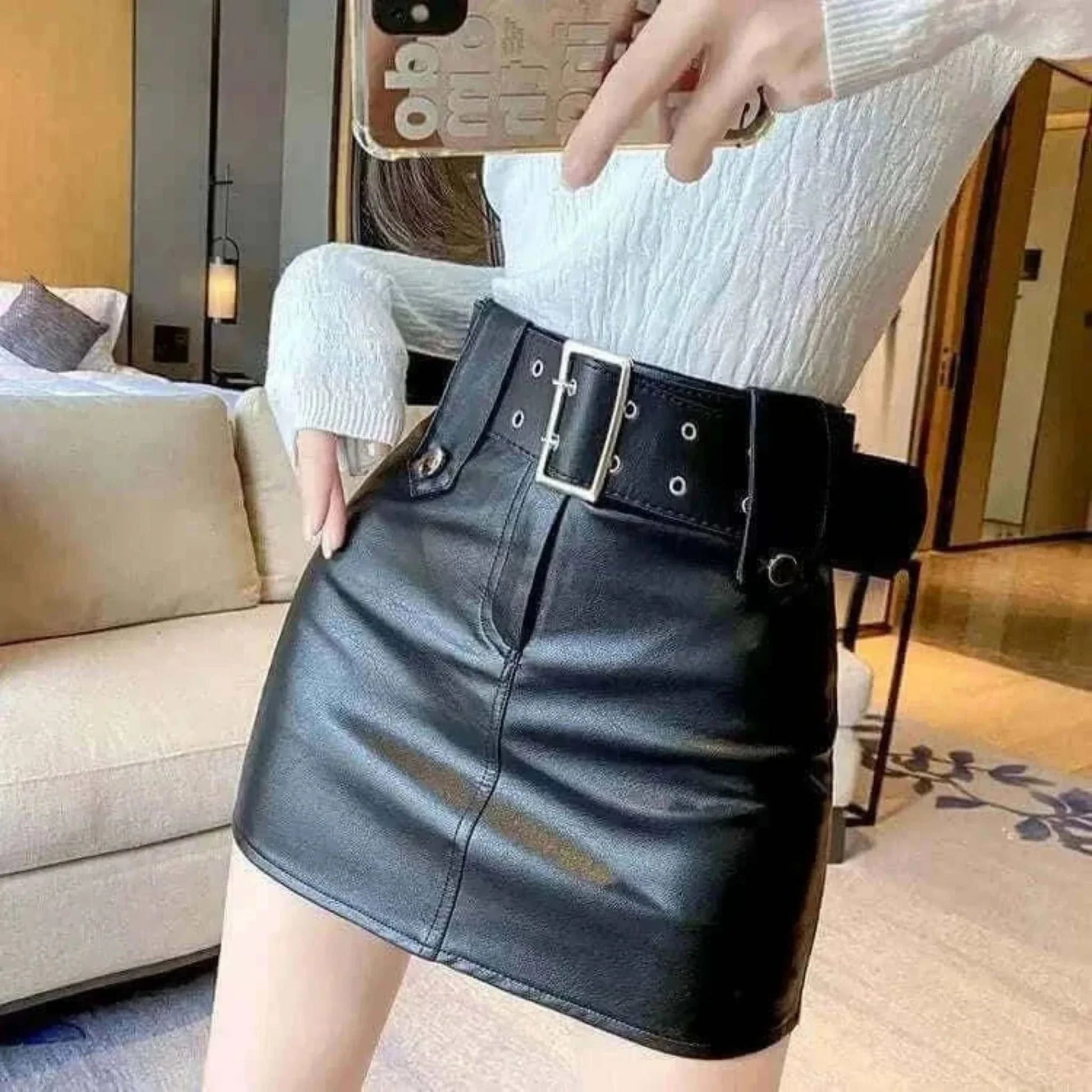ladies mini skirts- skirt women  2022  korean fashion clothing  Solid  Button  Above Knee, Mini  vintage leather  black skirt  Regulai Fit.