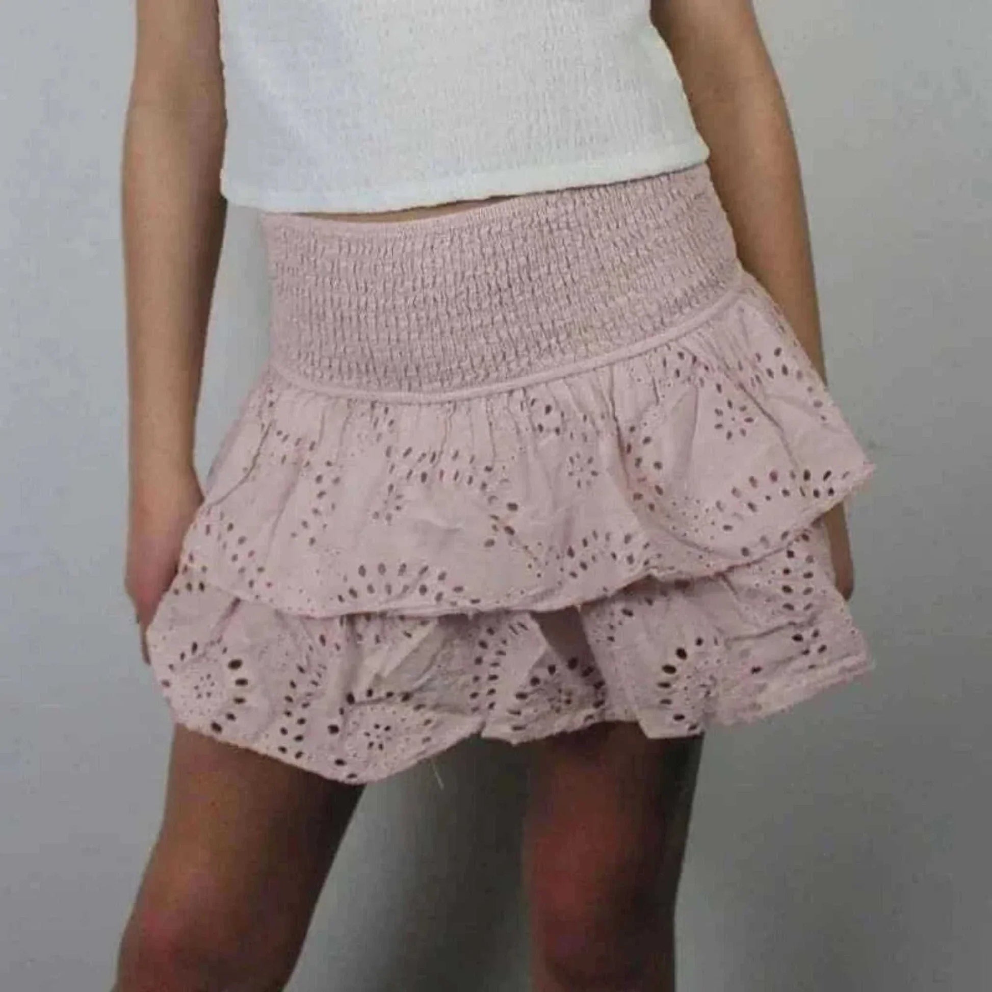 ladies mini skirts- Women Y2K Ruffle Layered Hollow Mini Skirts Smocked A Line Pleated Short Skirts Teen Girls Boho Beach Kawaii Mini Skirts.