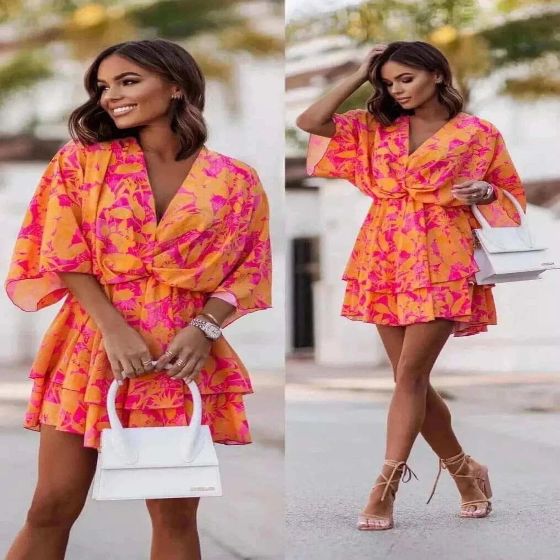 Informal Dresses- Elegant Summer Ruffl Mini Dress Office Dress for Women's Casual Bat Sleeve Flowers Print Bohemian Beach Vacation Sundress Women.