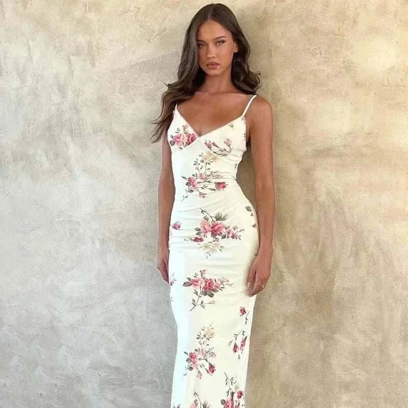 Dresses Online - Floral Print Summer Green Dress Womens Fashion Casual Sleeveless V-neck Backless Tunics Bodycon Holiday Beach Dresses Streetwear.