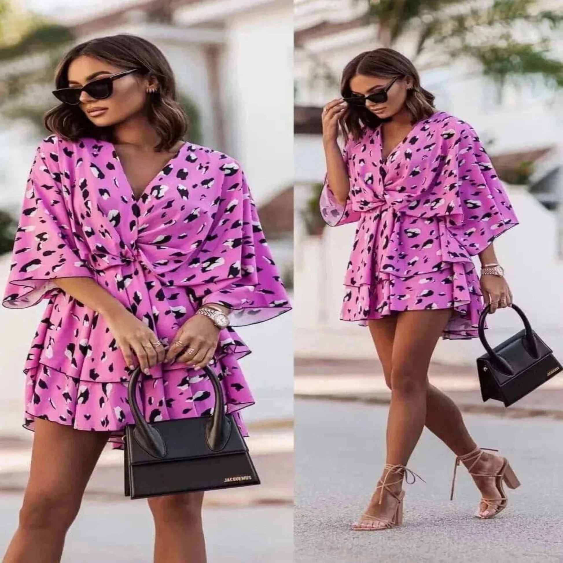 Informal Dresses- Elegant Summer Ruffl Mini Dress Office Dress for Women's Casual Bat Sleeve Flowers Print Bohemian Beach Vacation Sundress Women.