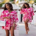 Informal Dresses - Elegant Summer Ruffl Mini Dress Office Dress for Women's Casual Bat Sleeve Flowers Print Bohemian Beach Vacation Sundress Women.