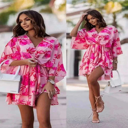 Informal Dresses - Elegant Summer Ruffl Mini Dress Office Dress for Women's Casual Bat Sleeve Flowers Print Bohemian Beach Vacation Sundress Women.