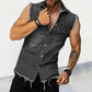 summer t-shirt for men-Tank Tops Men Tops Turn Down Collar Tees Sleeveless Loose 2025 Distressed Denim Washed Summer Spliced Covered Button Casual.