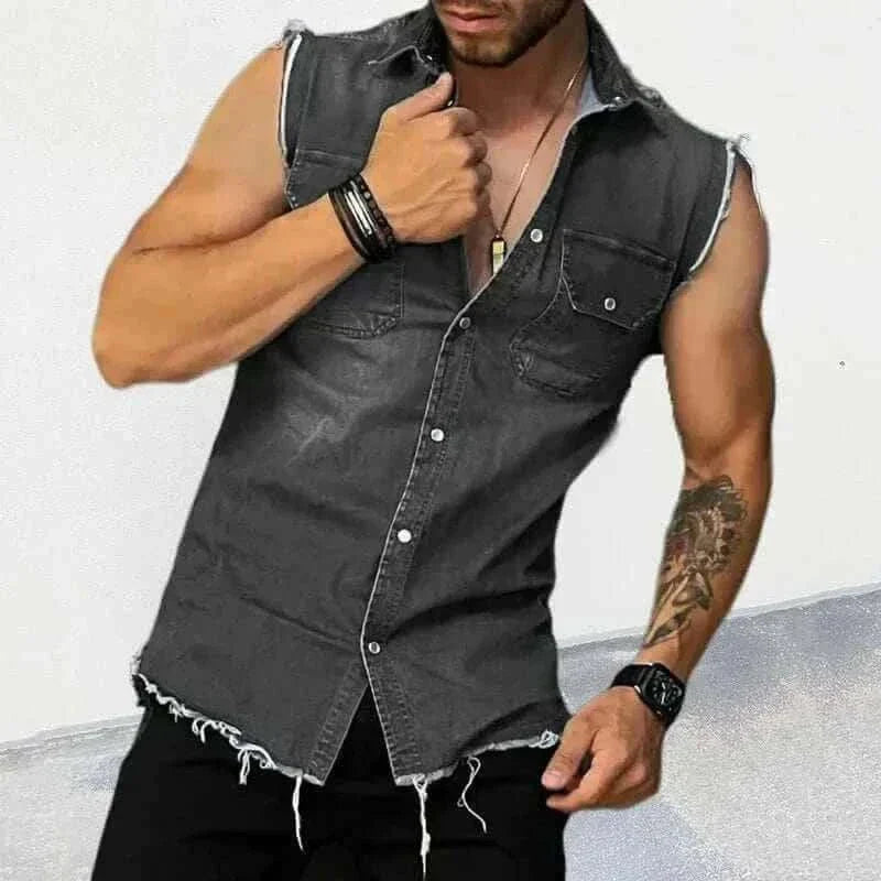 summer t-shirt for men-Tank Tops Men Tops Turn Down Collar Tees Sleeveless Loose 2025 Distressed Denim Washed Summer Spliced Covered Button Casual.