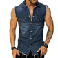 summer t-shirt for men-Tank Tops Men Tops Turn Down Collar Tees Sleeveless Loose 2025 Distressed Denim Washed Summer Spliced Covered Button Casual.