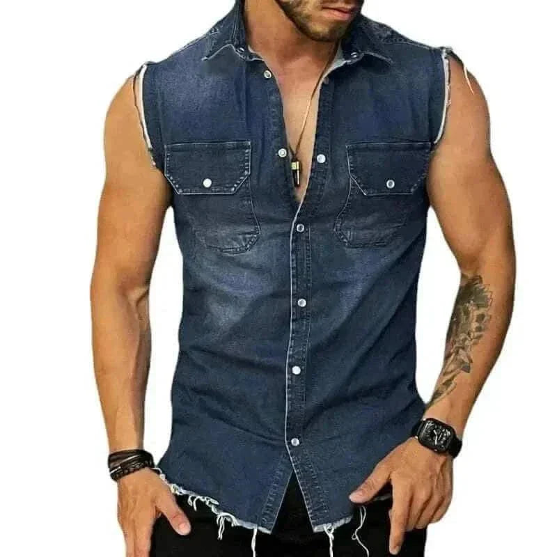 summer t-shirt for men-Tank Tops Men Tops Turn Down Collar Tees Sleeveless Loose 2025 Distressed Denim Washed Summer Spliced Covered Button Casual.