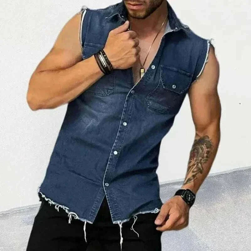 summer t-shirt for men-Tank Tops Men Tops Turn Down Collar Tees Sleeveless Loose 2025 Distressed Denim Washed Summer Spliced Covered Button Casual.