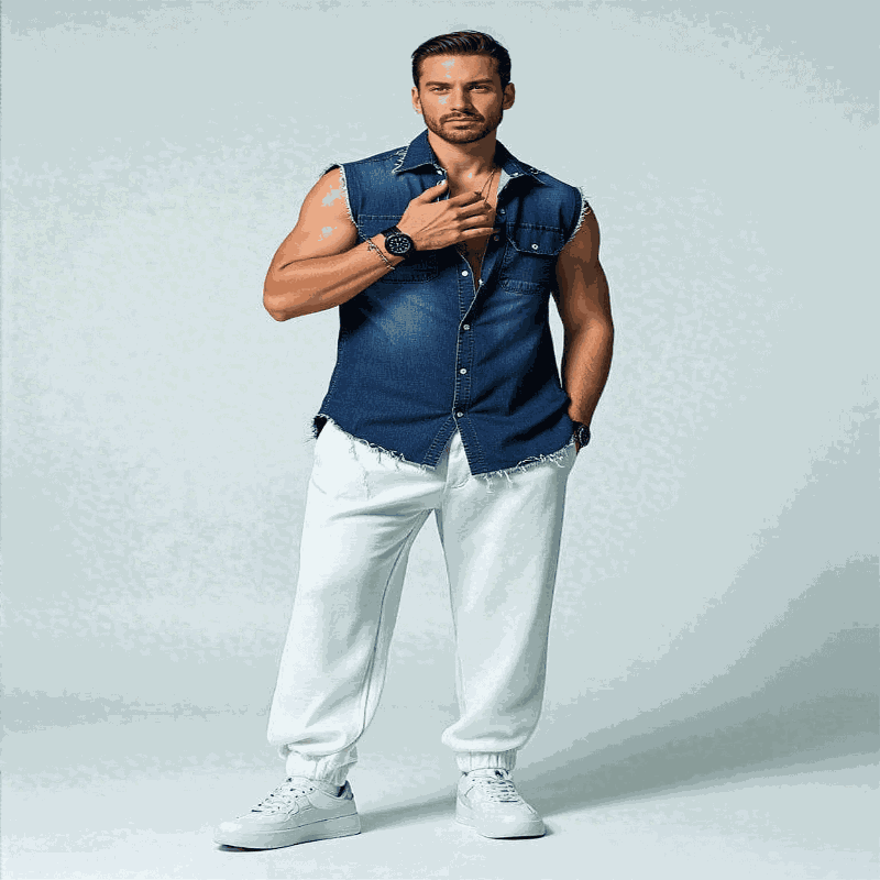 summer t-shirt for men-Tank Tops Men Tops Turn Down Collar Tees Sleeveless Loose 2025 Distressed Denim Washed Summer Spliced Covered Button Casual.