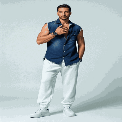 summer t-shirt for men-Tank Tops Men Tops Turn Down Collar Tees Sleeveless Loose 2025 Distressed Denim Washed Summer Spliced Covered Button Casual.