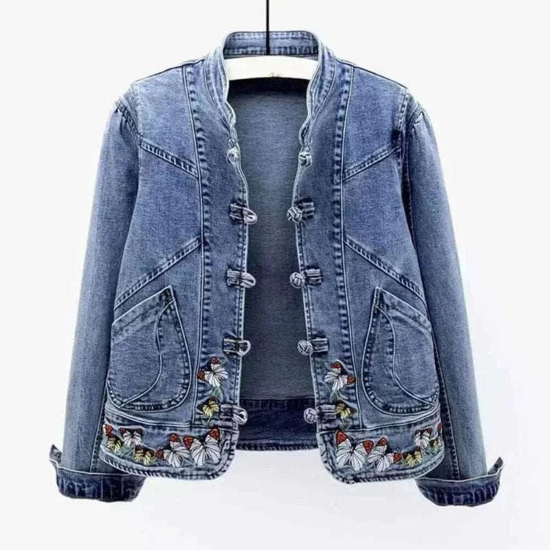 Women Jeans Jacket Butterfly Embroidery 2024 Women's Short Denim Jacket Spring And Autumn Cropped Chinese Style Retro Denim Coat.