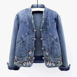 Women Jeans Jacket Butterfly Embroidery 2024 Women's Short Denim Jacket Spring And Autumn Cropped Chinese Style Retro Denim Coat.