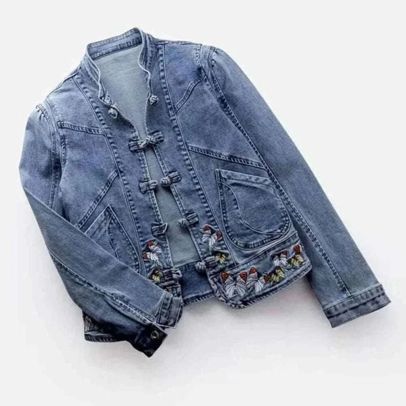 Women Jeans Jacket Butterfly Embroidery 2024 Women's Short Denim Jacket Spring And Autumn Cropped Chinese Style Retro Denim Coat.