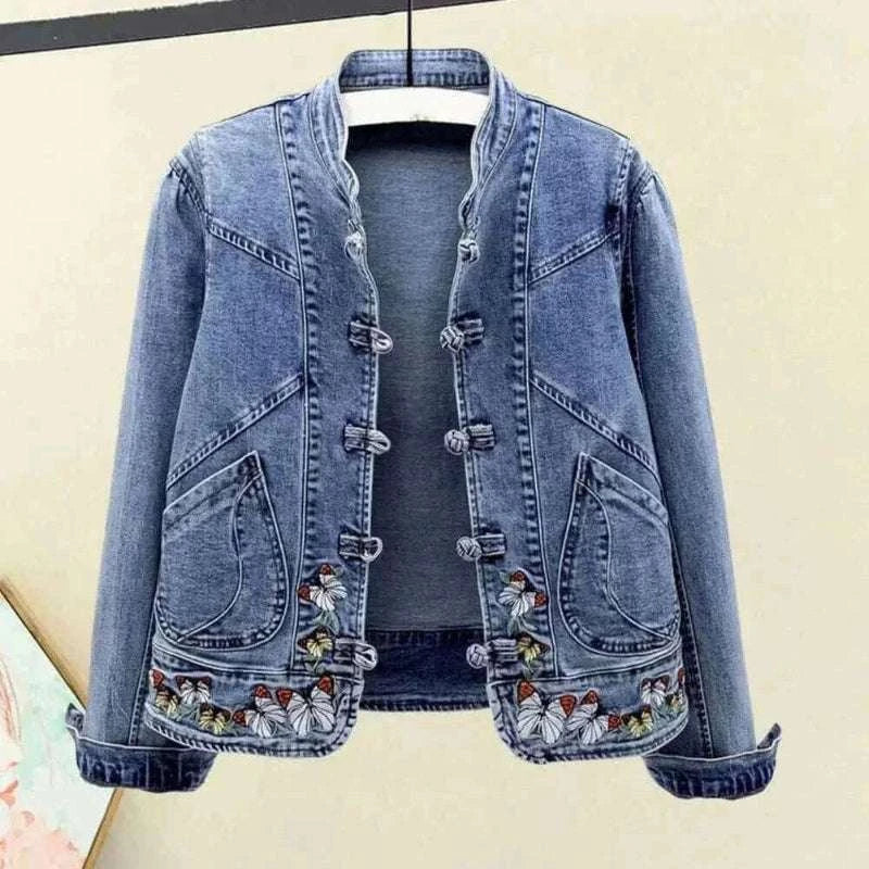 Women Jeans Jacket Butterfly Embroidery 2024 Women's Short Denim Jacket Spring And Autumn Cropped Chinese Style Retro Denim Coat.
