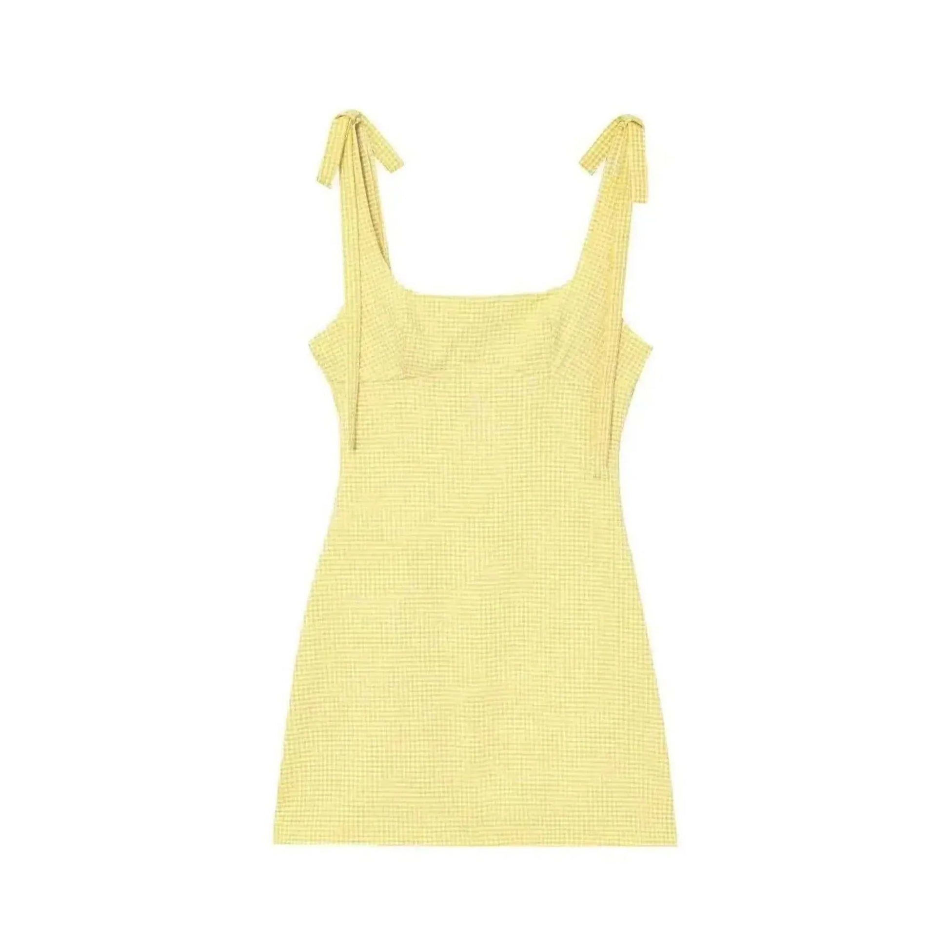 Informal Dresses - TRAFZA 2025 Fashion Women's Yellow Plaid Sling Dress Summer Female Square Collar Sleeveless Backless Bow Decoration Mini Dress.