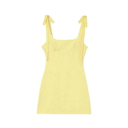 Informal Dresses - TRAFZA 2025 Fashion Women's Yellow Plaid Sling Dress Summer Female Square Collar Sleeveless Backless Bow Decoration Mini Dress.