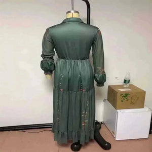  Ethnic Retro Floral Print Pleated Long Dress.