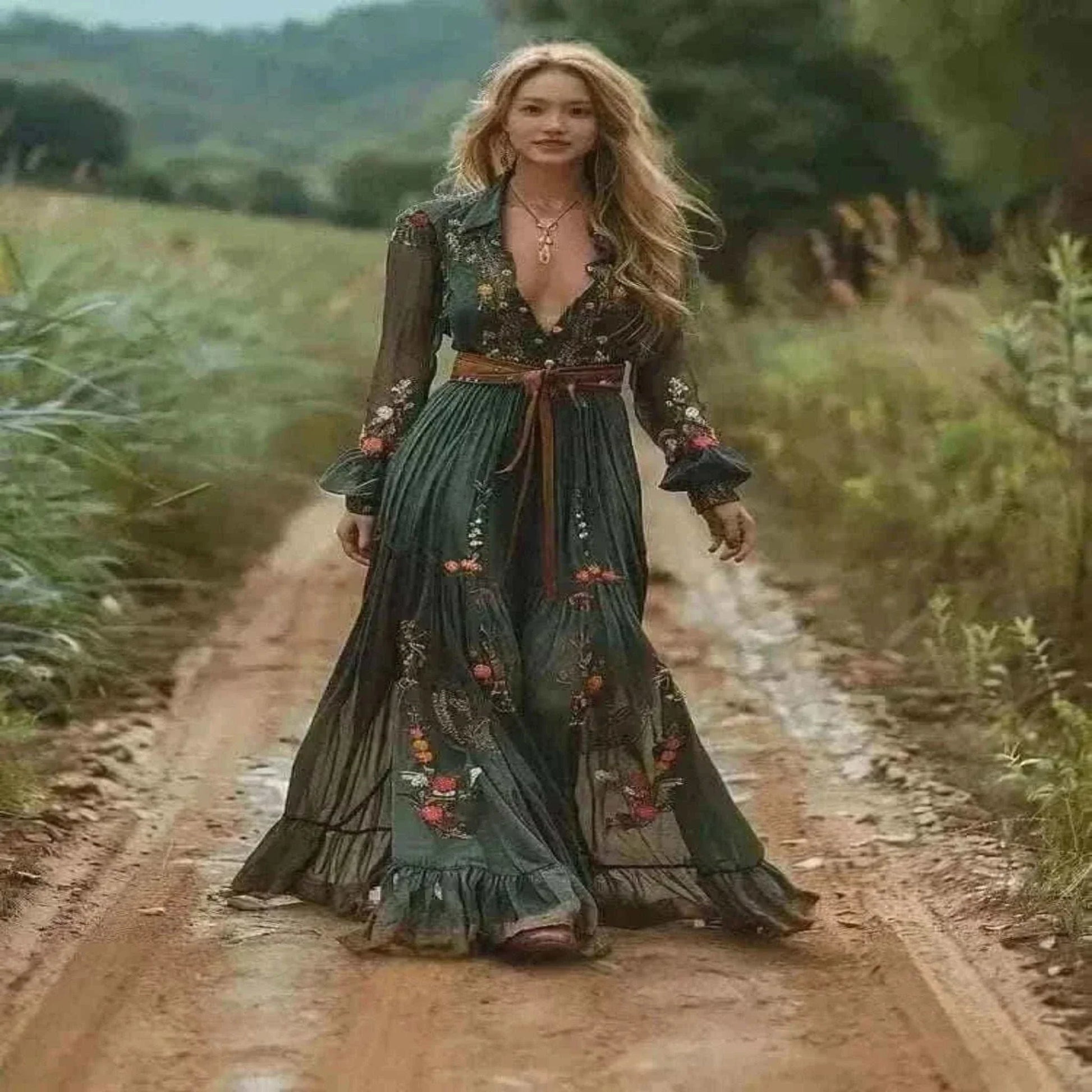 Informal Dresses- Ethnic Retro Floral Print Pleated Long Dress.