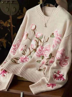  Men's Fashion Style Store Fasbion Elegant Sweaters Long Sleeve Flower Embroidery Design Aesthetics Short Pullovers Casual Loose Vintage Women's Clothing