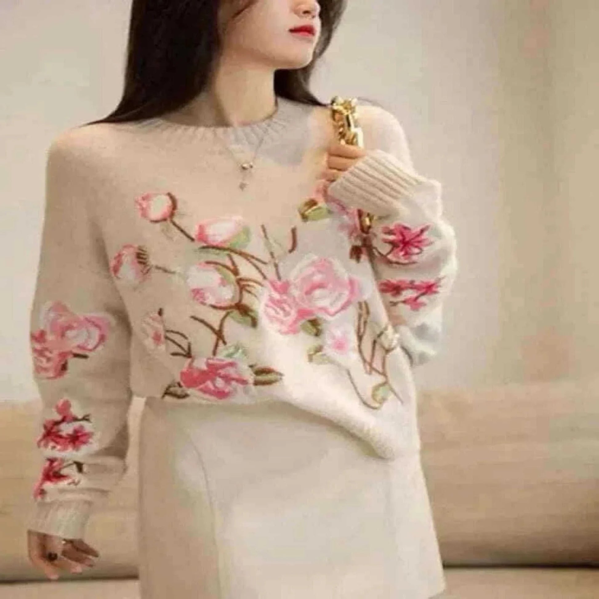 Fasbion Elegant Sweaters Long Sleeve Flower Embroidery Design Aesthetics Short Pullovers Casual Loose Vintage Women's Clothing.