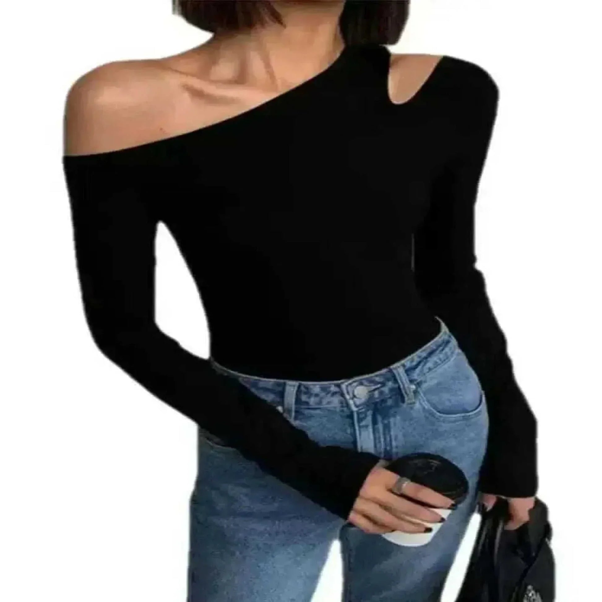 Going Out Tops-Fashion Skew Collar Off-shoulder Long-sleeved T-shirts.