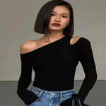 Going Out Tops-Fashion Skew Collar Off-shoulder Long-sleeved T-shirts.