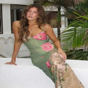 Informal Dresses - Floral Print Summer Green Dress Womens Fashion Casual Sleeveless V-neck Backless Tunics Bodycon Holiday Beach Dresses Streetwear.