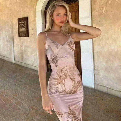 Women Wearing Floral Print Summer Khaki Dress Womens Fashion Casual