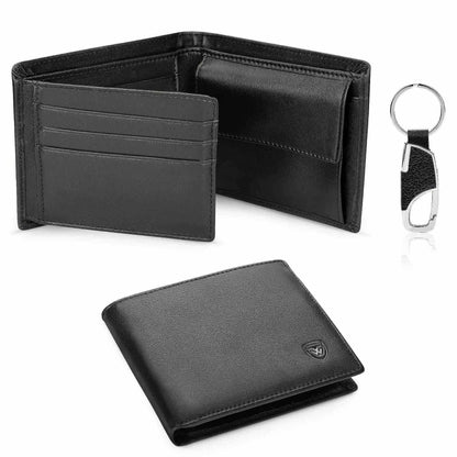 Genuine Leather Wallet Men Classic Black Soft Purse Coin Pocket Credit Card Holder.