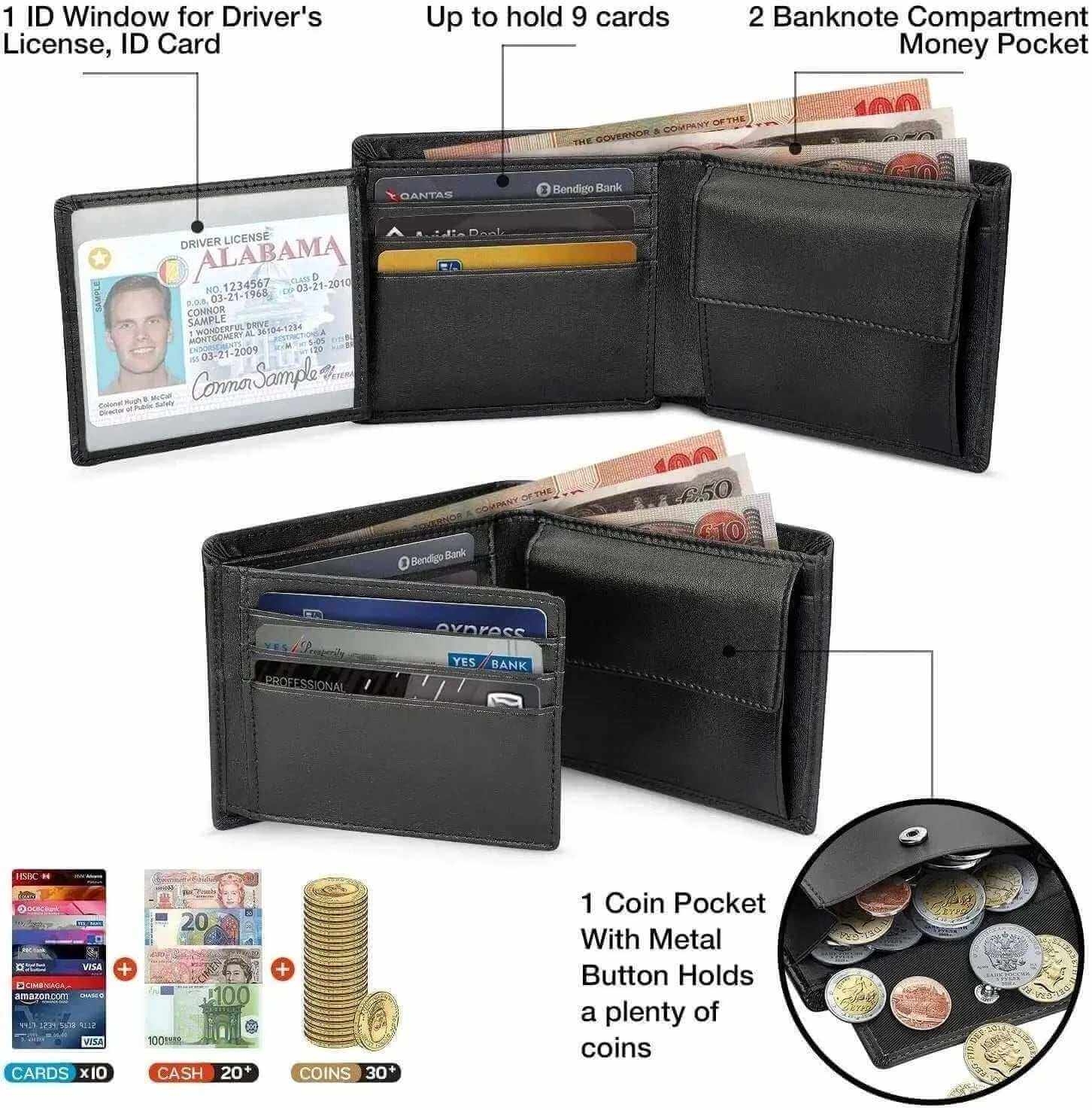 Genuine Leather Wallet Men Classic Black Soft Purse Coin Pocket Credit Card Holder.