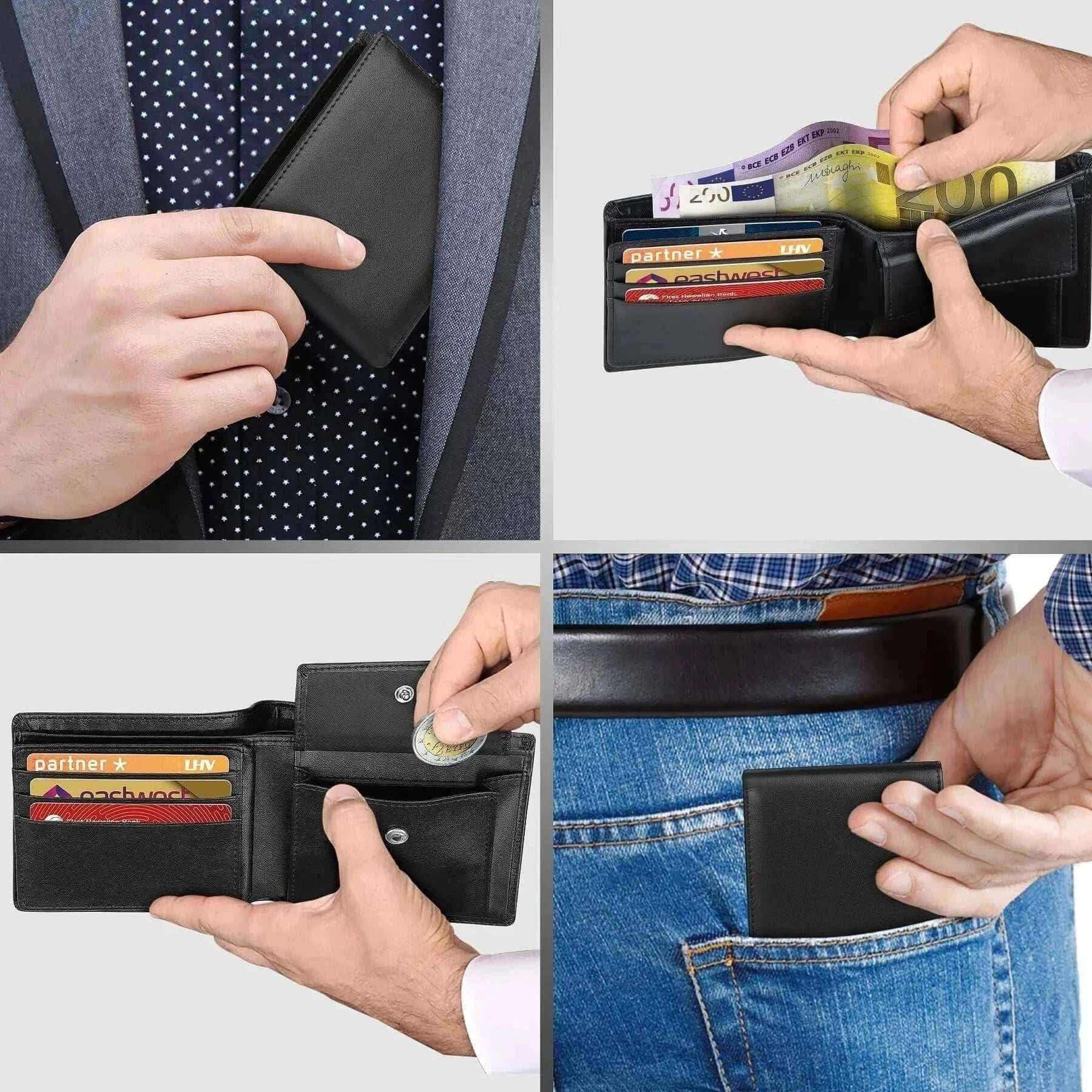 Genuine Leather Wallet Men Classic Black Soft Purse Coin Pocket Credit Card Holder.
