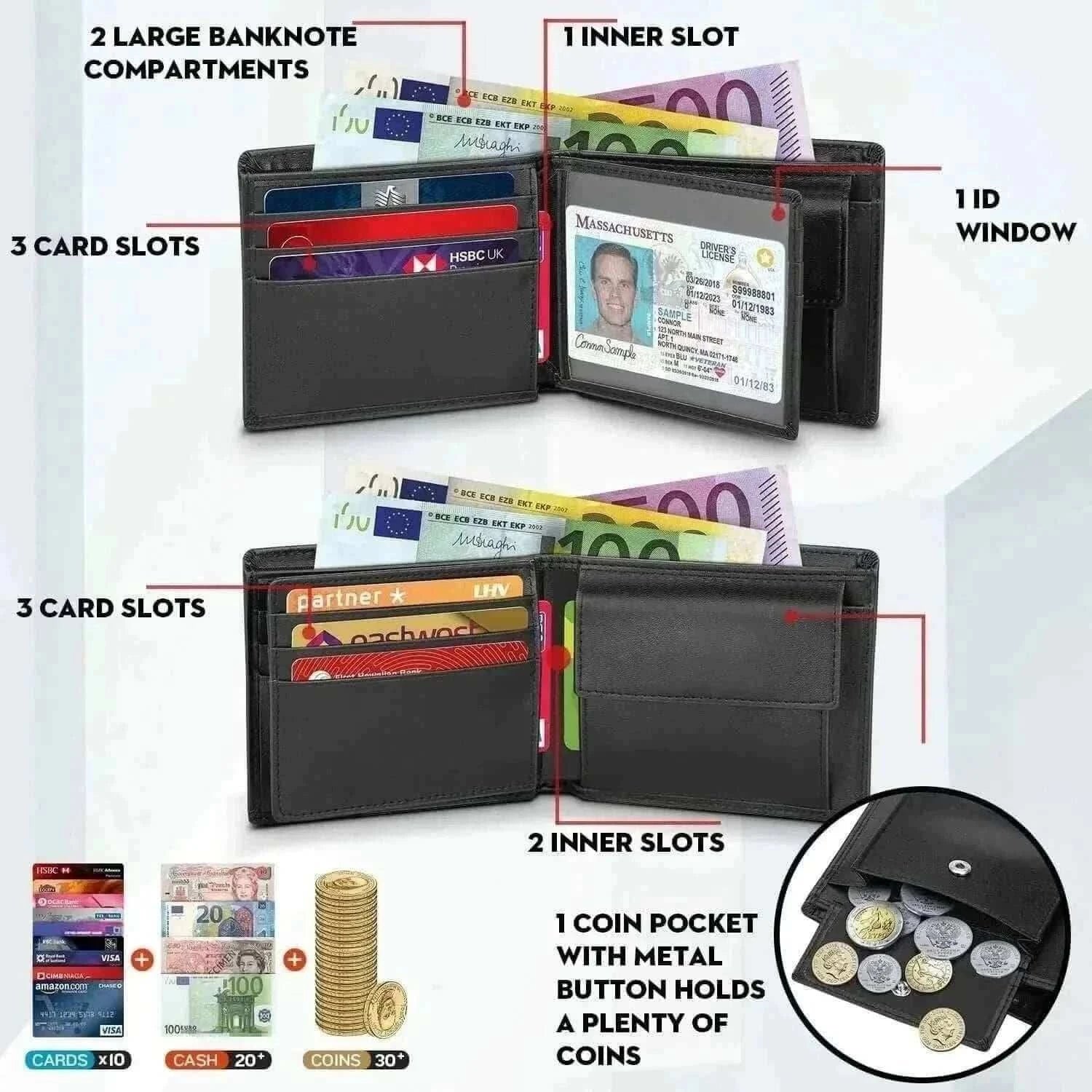 Genuine Leather Wallet Men Classic Black Soft Purse Coin Pocket Credit Card Holder.