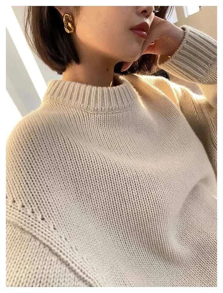  Men's Fashion Style Store beige / XXL / CHINA High-end series!  Round neck 100% pure cashmere sweater pullover silhouette sweater women's thick loose knit
