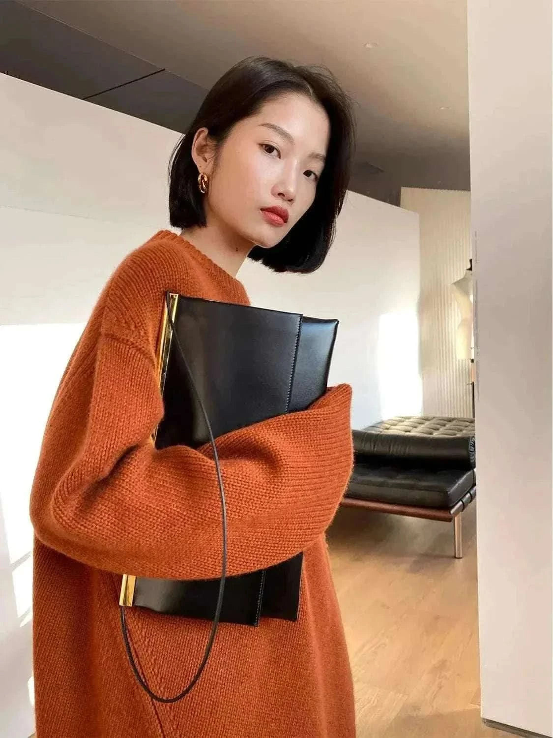  Men's Fashion Style Store High-end series!  Round neck 100% pure cashmere sweater pullover silhouette sweater women's thick loose knit