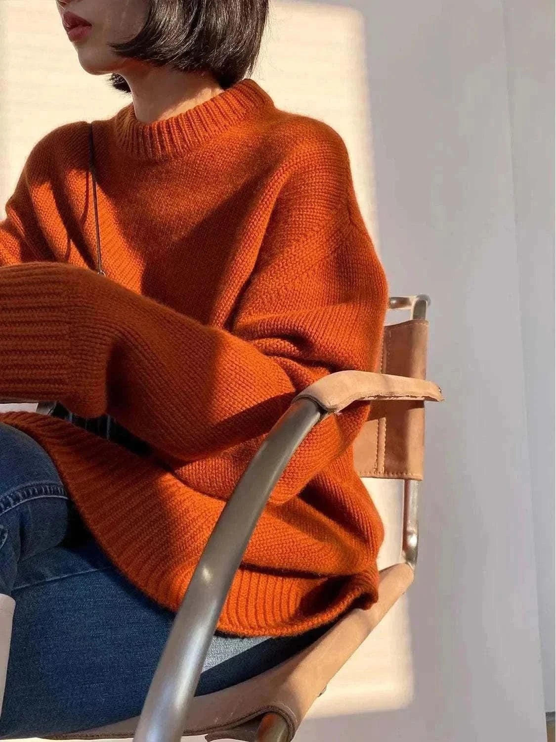  Men's Fashion Style Store High-end series!  Round neck 100% pure cashmere sweater pullover silhouette sweater women's thick loose knit