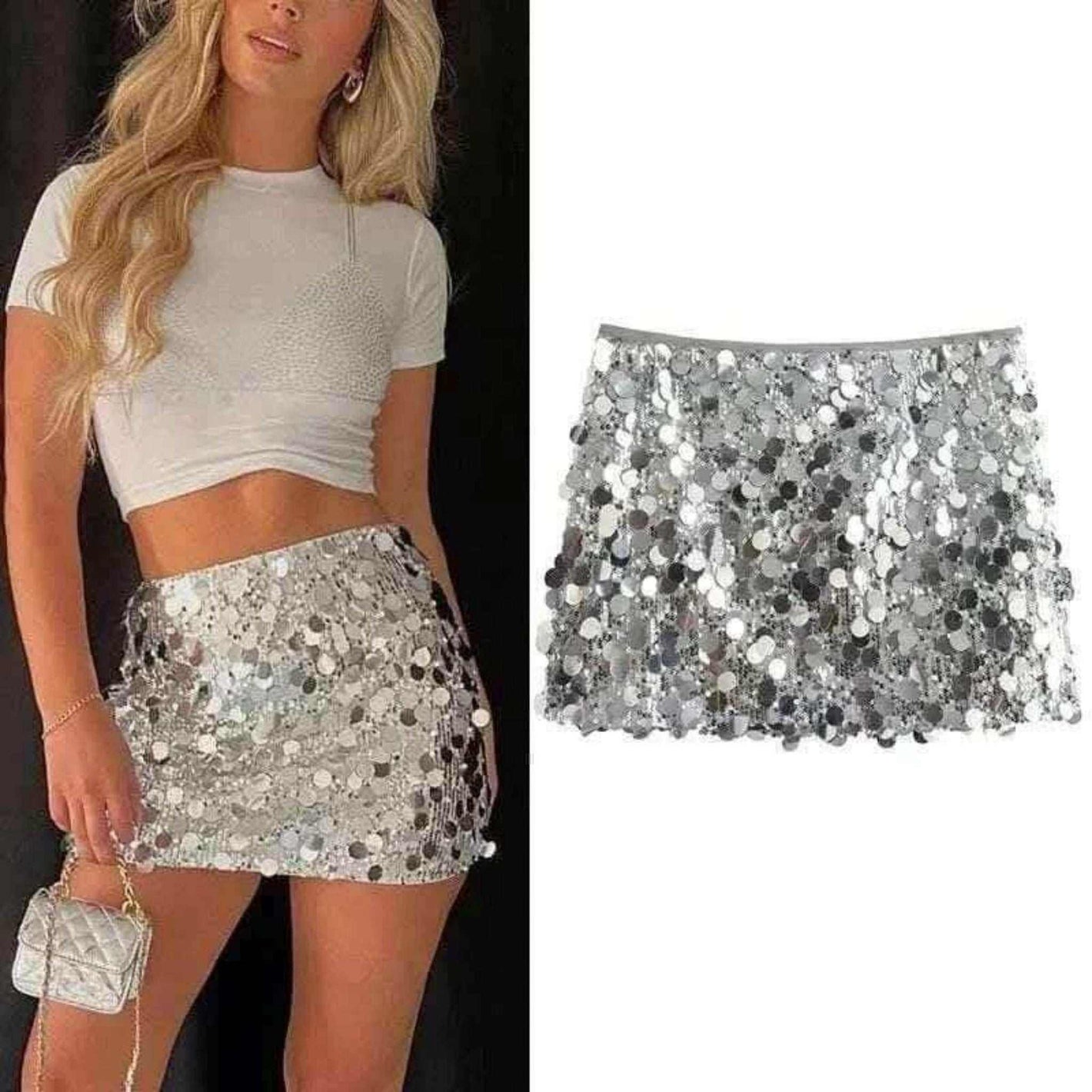 Silver Sequin High-Mini Skirt for Women