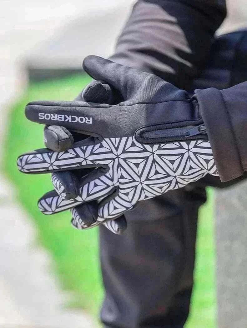 Men's Fashion Style Store ROCKBROS Winter Bicycle Gloves Touch Screen Thermal Fleece Climbing Skiing Bike Gloves Men Women Windproof Warm Cycling Gloves