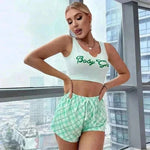 Women's Pajamas-Sleepwear Women Sexy Pyjamas Set Lingerie Casual Printed Camisole with Plaid Shorts Sets.