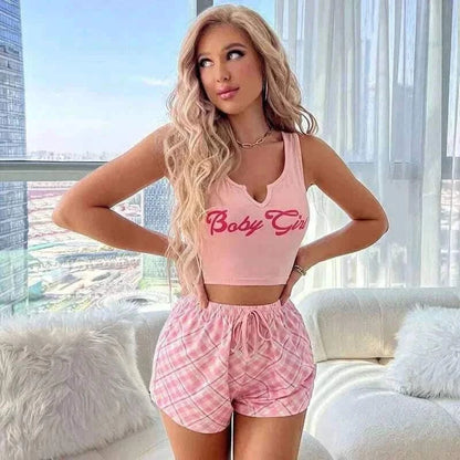 Women's Pajamas-Sleepwear Women Sexy Pyjamas Set Lingerie Casual Printed Camisole with Plaid Shorts Sets.