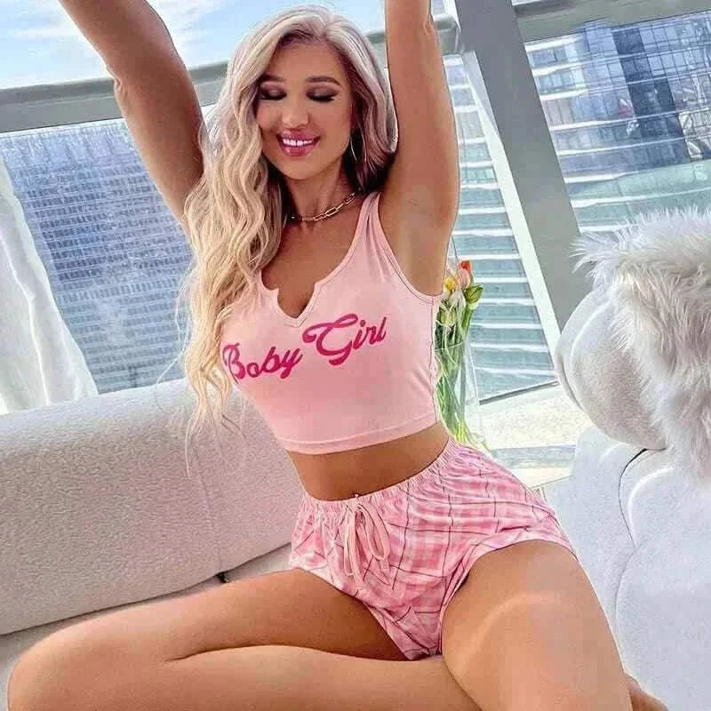 Women's Pajamas-Sleepwear Women Sexy Pyjamas Set Lingerie Casual Printed Camisole with Plaid Shorts Sets.
